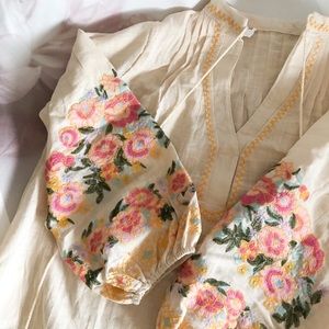 Bohemian blouse floral embroidery top linen cotton tassel cream lantern sleeve